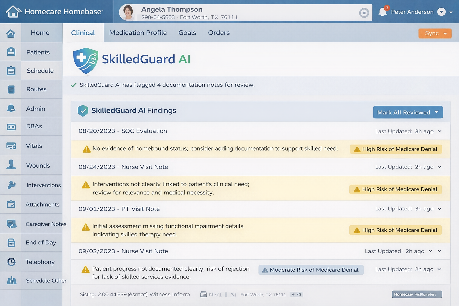 SkilledGuard AI UI mockup inside a home health workflow